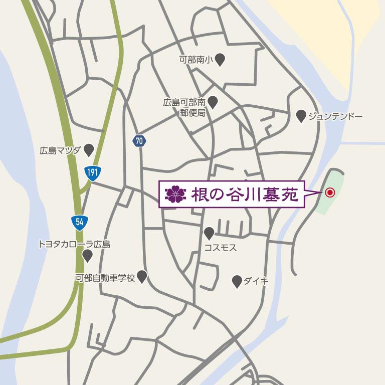 根の谷川墓苑へのアクセスマップ